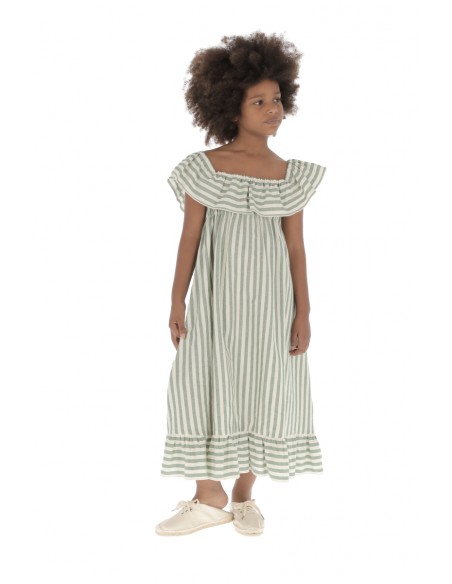 Dress LONG RUFFLES STRIPES - Green Wide Stripe