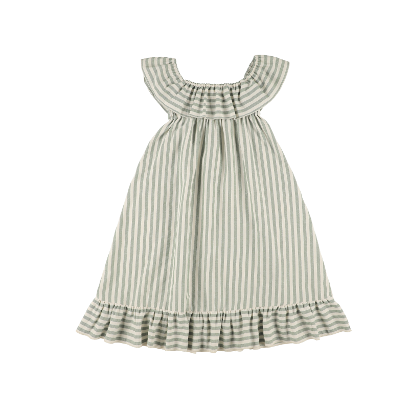 Dress LONG RUFFLES STRIPES - Green Wide Stripe