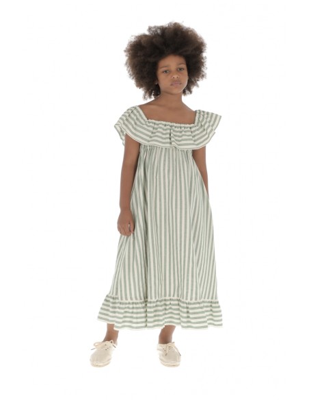 Dress LONG RUFFLES STRIPES - Green Wide Stripe